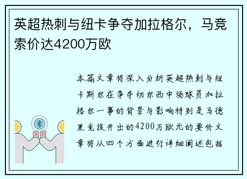 英超热刺与纽卡争夺加拉格尔，马竞索价达4200万欧