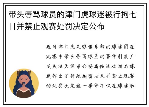 带头辱骂球员的津门虎球迷被行拘七日并禁止观赛处罚决定公布