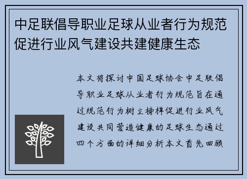 中足联倡导职业足球从业者行为规范促进行业风气建设共建健康生态
